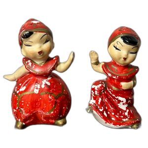 Vintage 1950s Japan Red Girl Figurines Salt Pepper Shakers Hand Painted w/ Corks
